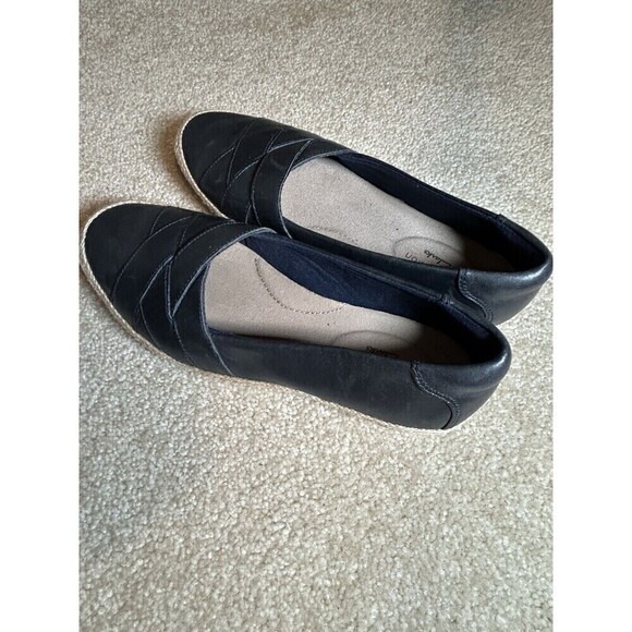 CLARKS 7.5M Danelly Shine Jute Woven Leather Flats Loafer Dark Navy - Picture 8 of 10